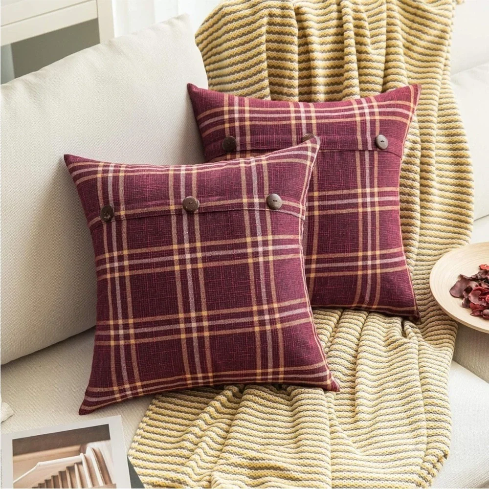 Farmhouse Plaid Linen Grey Tan Cream Striped Button Throw Pillow Decor Cover - Picture 5 of 6